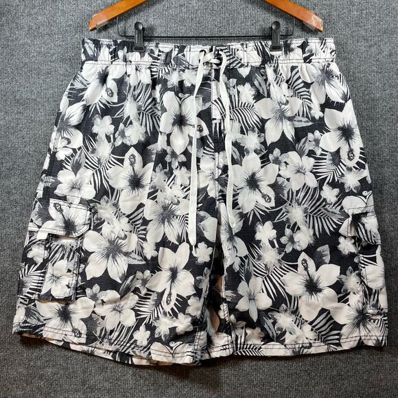 Kanu Surf Swim Trunks Men's 3X Black/White Floral AOP Mesh Lined Drawstring - Picture 1 of 9